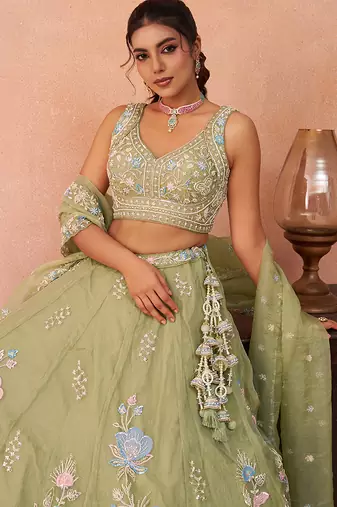 Limegreen- Tissue Beads & Sequinned Floral Embroidered Semi-Stitched Lehenga & Unstitched Blouse With Dupatta