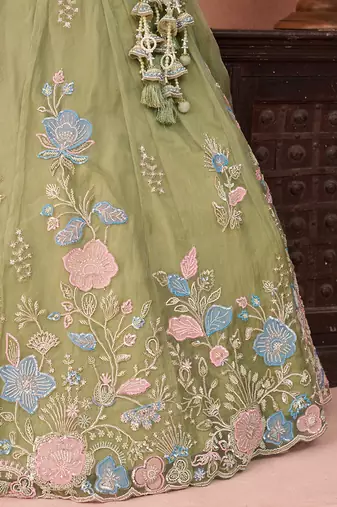 Limegreen- Tissue Beads & Sequinned Floral Embroidered Semi-Stitched Lehenga & Unstitched Blouse With Dupatta