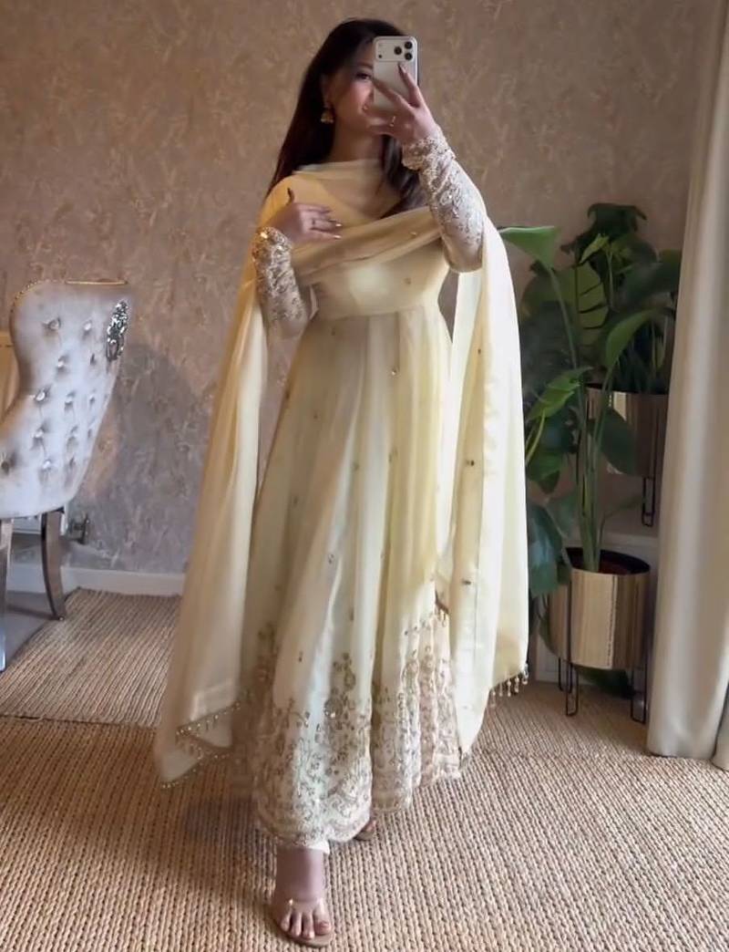 Cream embroidered anarkali suit with dupatta