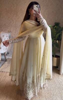 Cream embroidered anarkali suit with dupatta 2