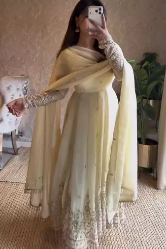 Cream embroidered anarkali suit with dupatta
