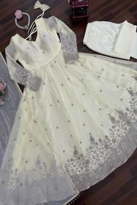 Cream embroidered anarkali suit with dupatta 3