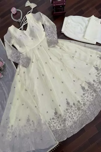 Cream embroidered anarkali suit with dupatta