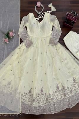 Cream embroidered anarkali suit with dupatta 4