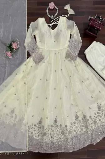 Cream embroidered anarkali suit with dupatta