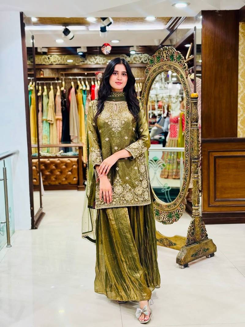 Olive green embroidered kurta
