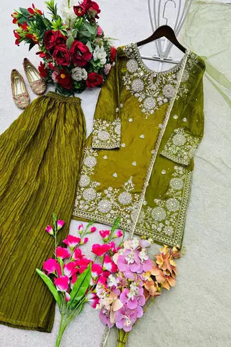 Olive green embroidered kurta