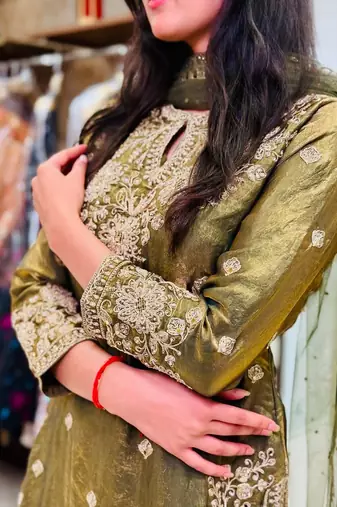 Olive green embroidered kurta