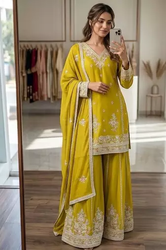 Yellow floral kurta sharara set