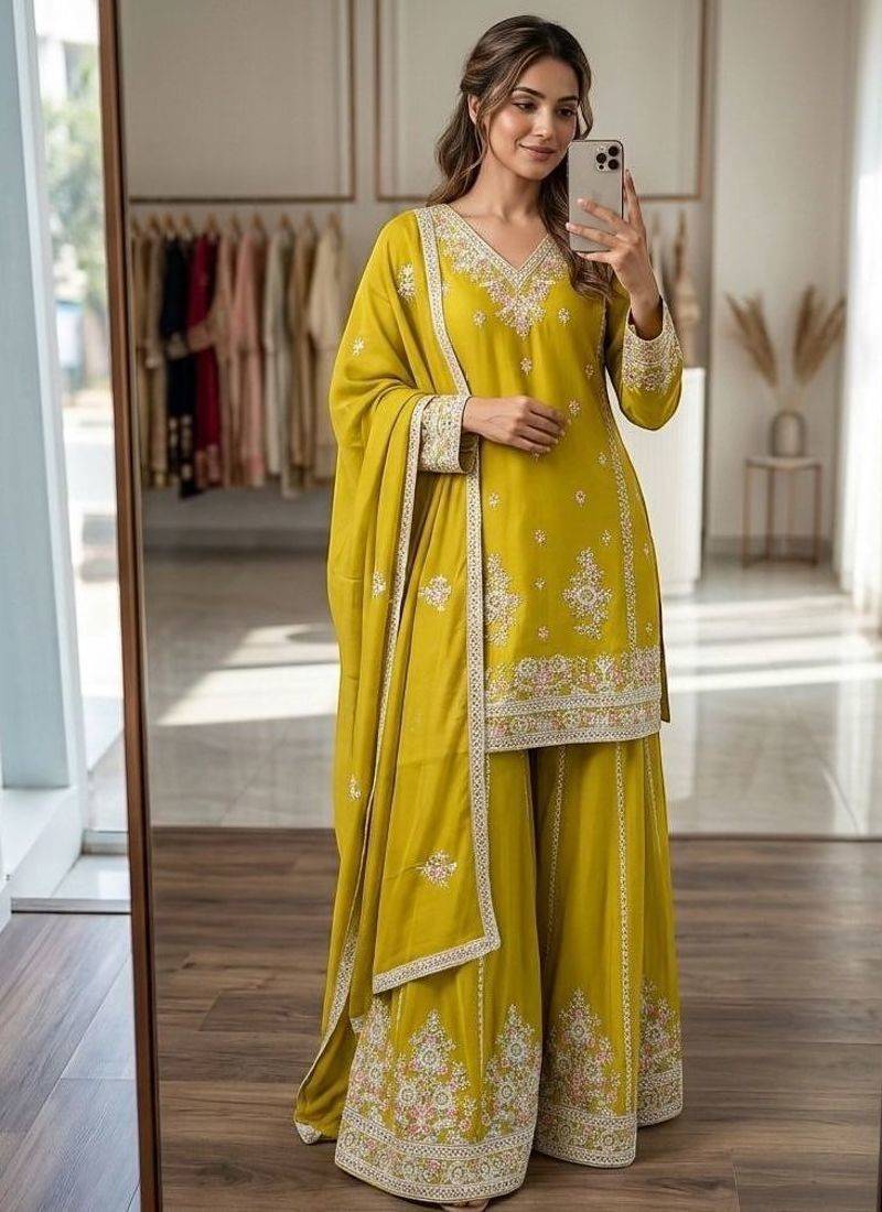 Yellow floral kurta sharara set