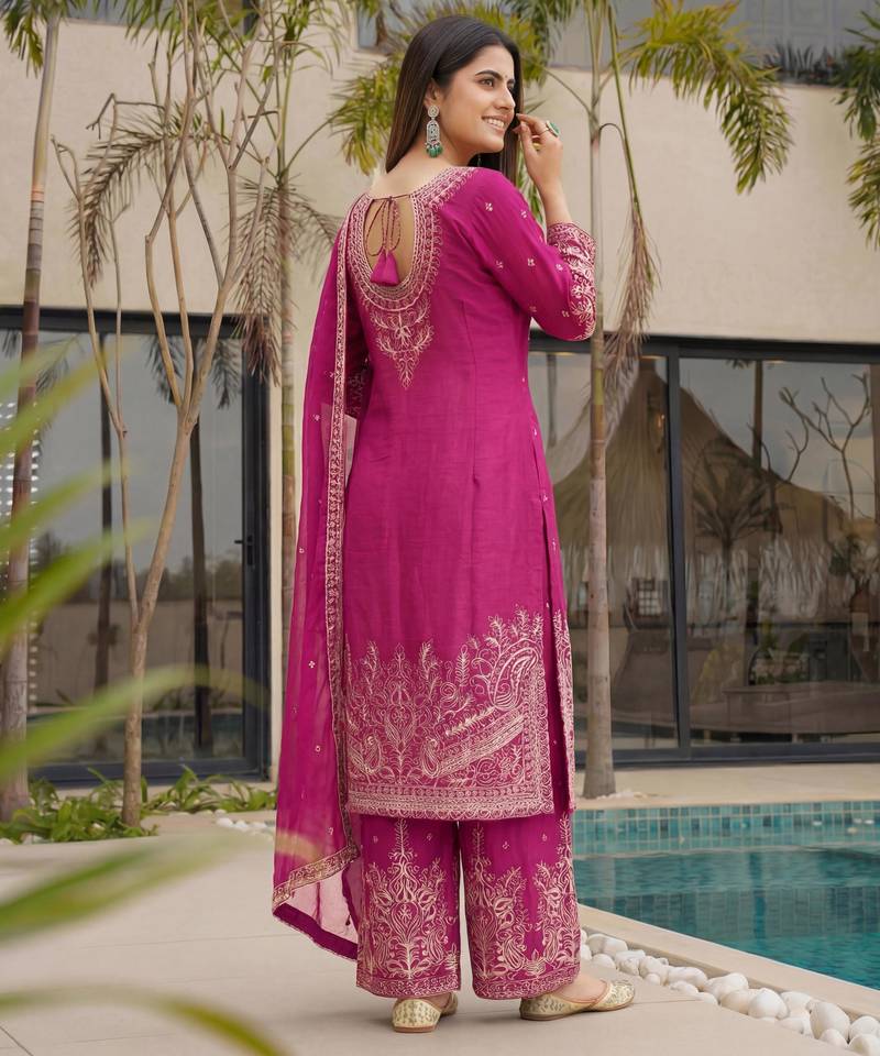 Rani-pink embroidered kurta set