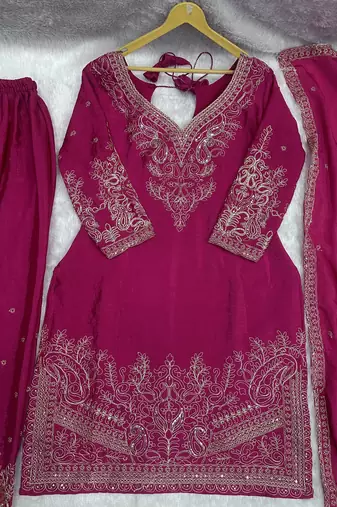 Rani-pink embroidered kurta set