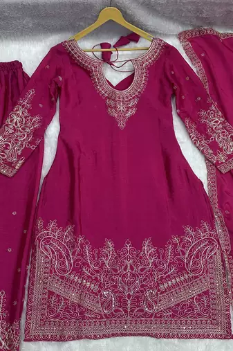 Rani-pink embroidered kurta set
