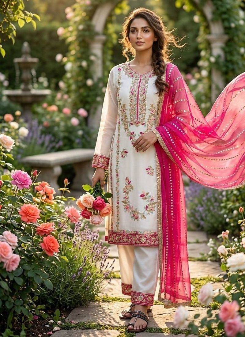 White embroidered suit set