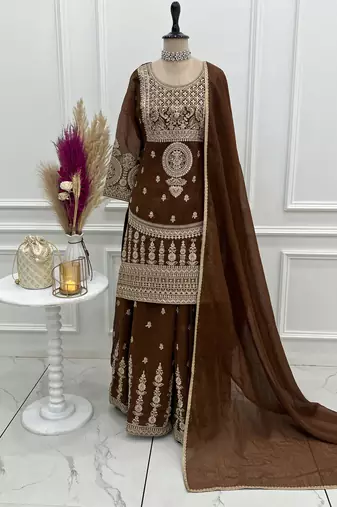 Brown embroidered sharara set