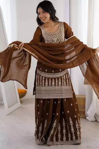 Brown embroidered sharara set