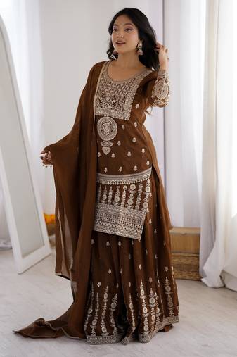 Brown embroidered sharara set