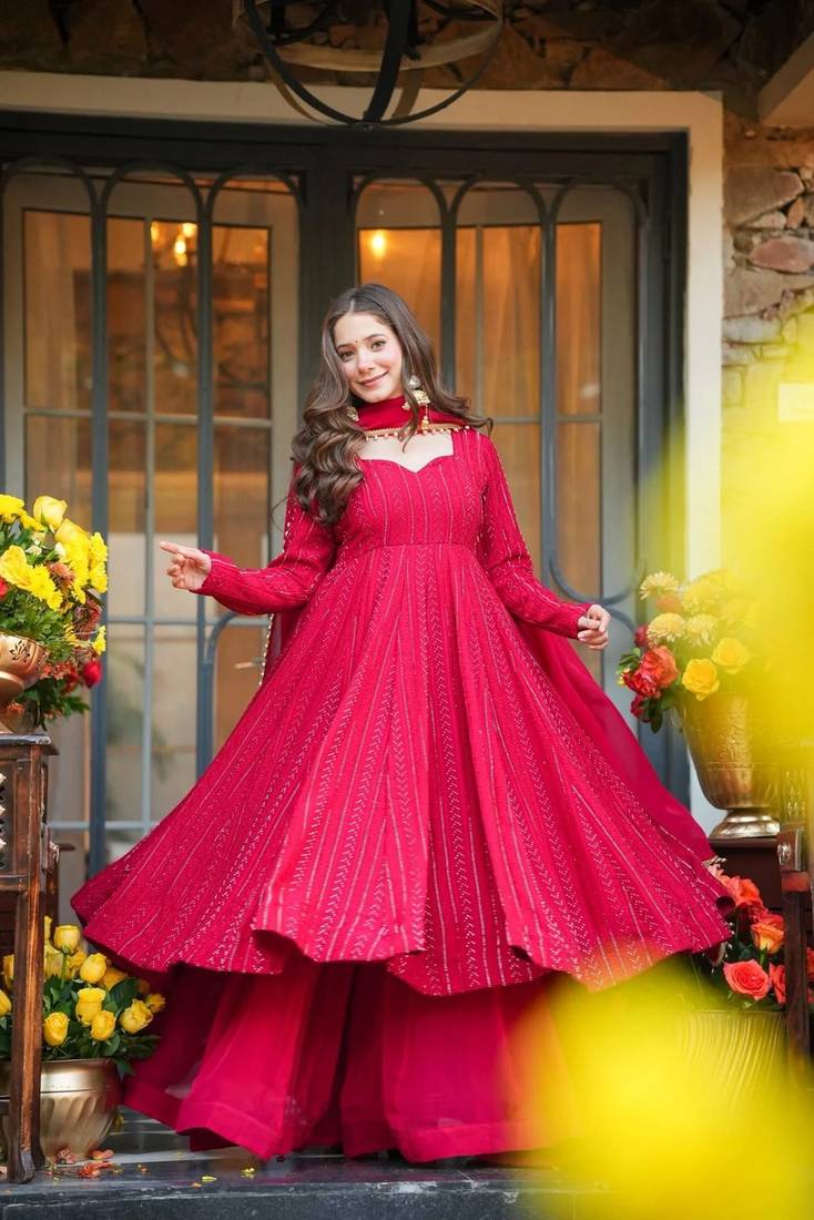 Crimson anarkali flared style dress