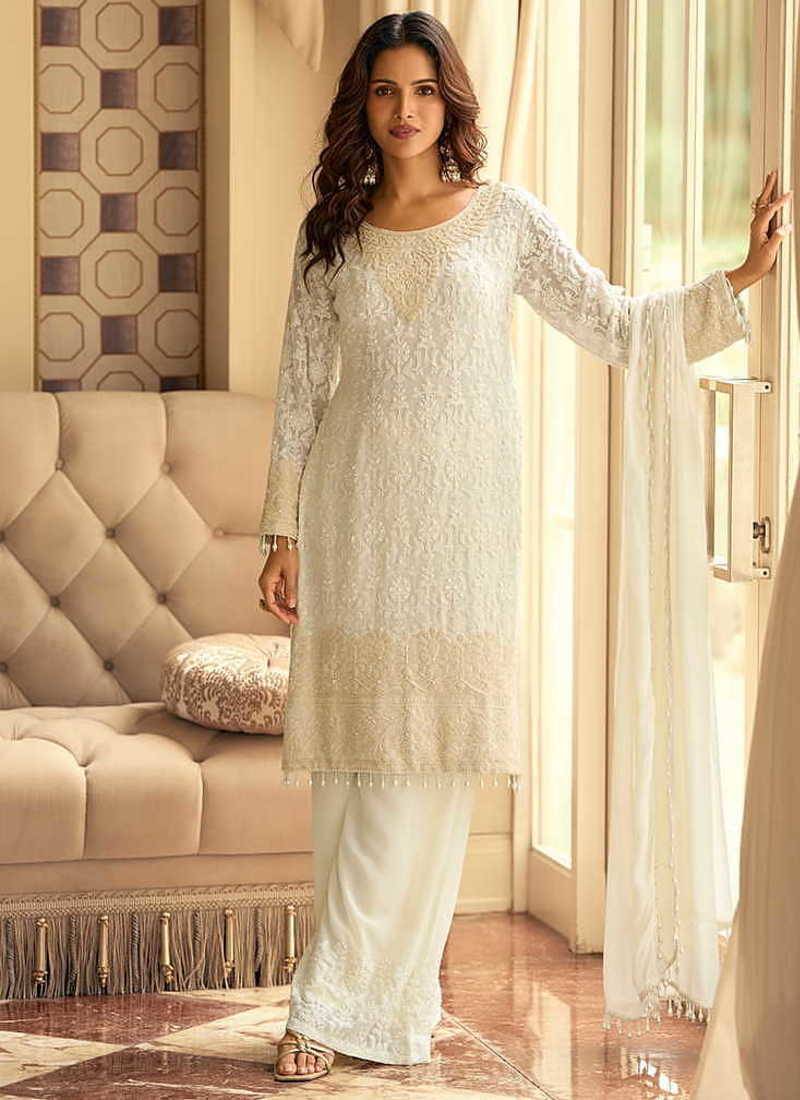 White georgette embrodered suit semi stitched up to 42" size