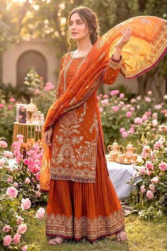 orange embroidered suit set