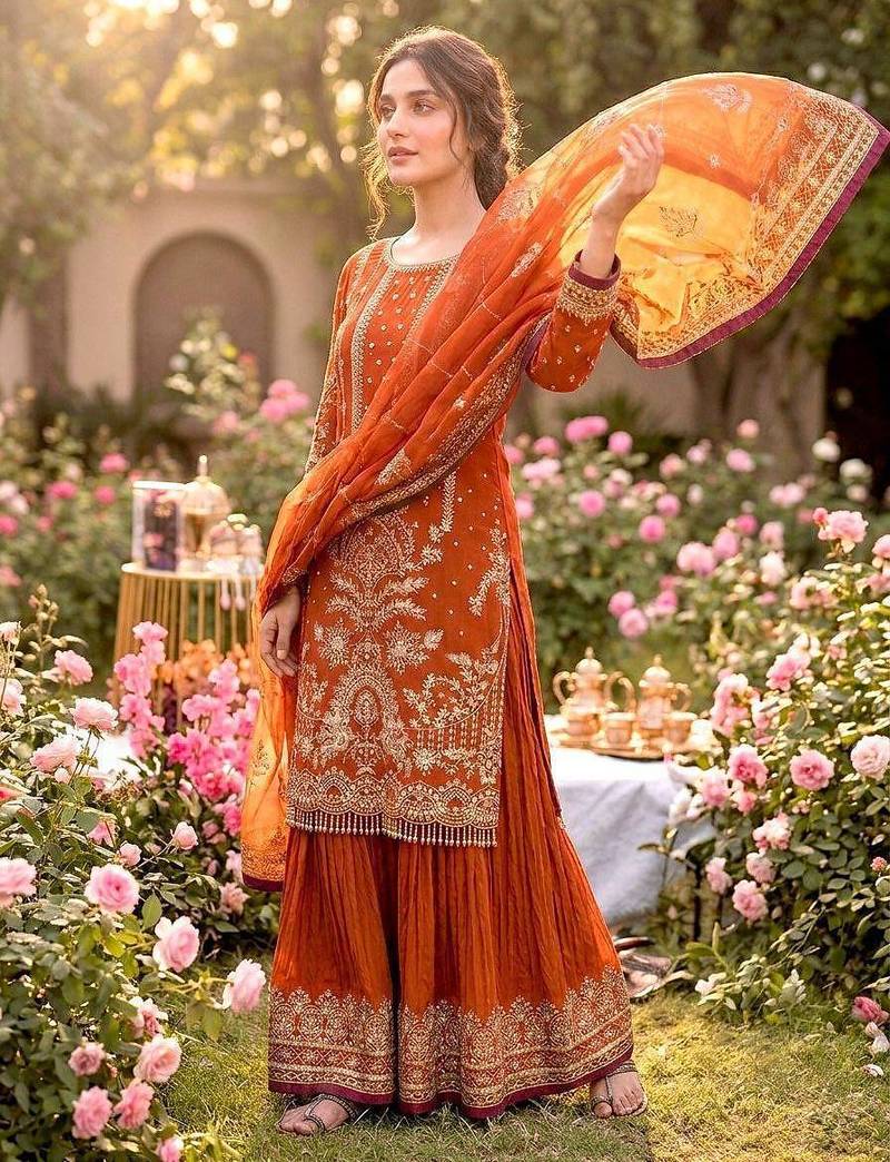 orange embroidered suit set