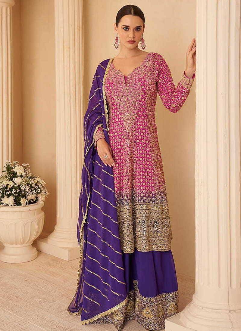 Purple georgette embroidered palazzo suit semi stitched up to 42" size