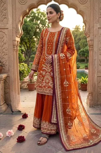 orange embroidered suit set