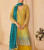 Mustard georgette embroidered palazzo suit semi stitched up to 42" size