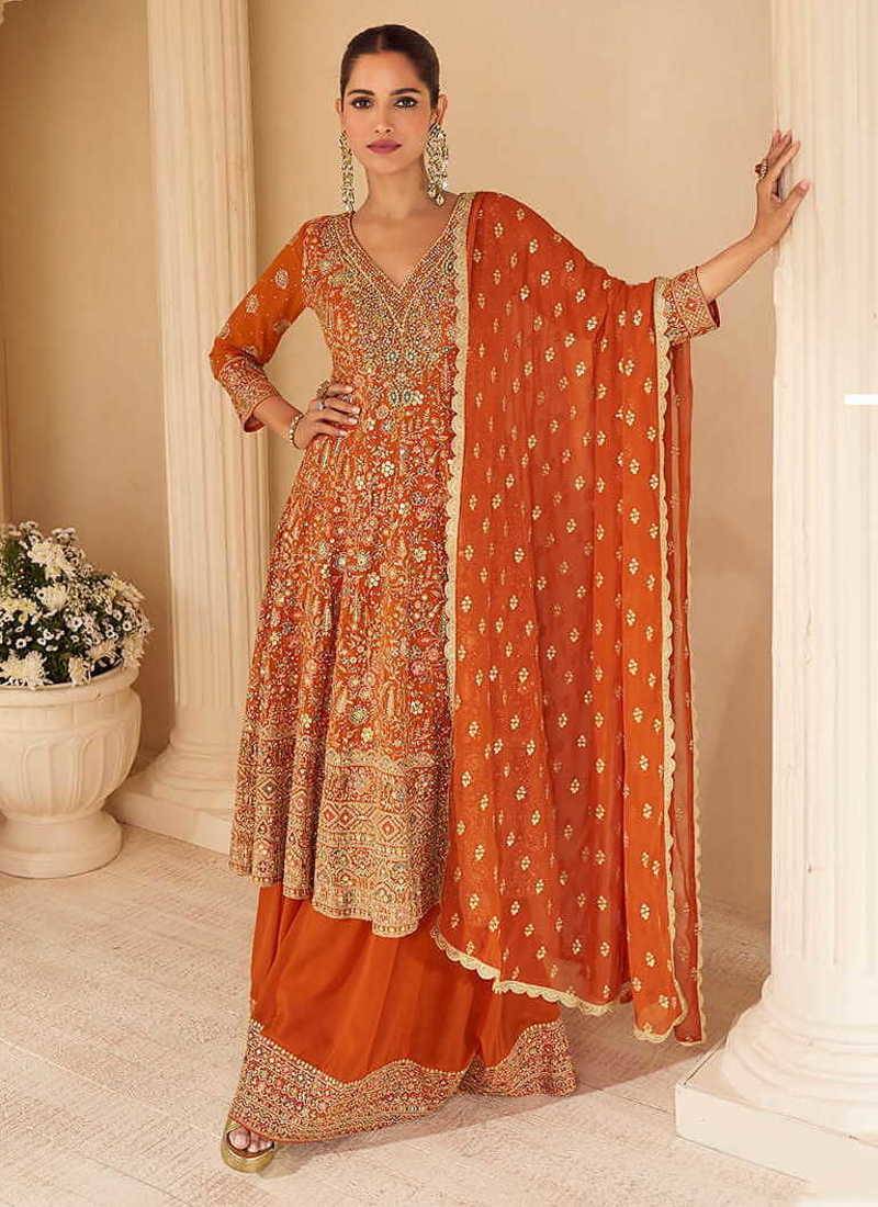 Orange georgette embroidered palazzo suit semi stitched up to 42" size