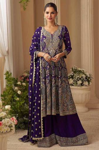 Purple georgette embroidered palazzo suit semi stitched up to 42" size