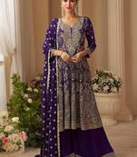Purple georgette embroidered palazzo suit semi stitched up to 42" size