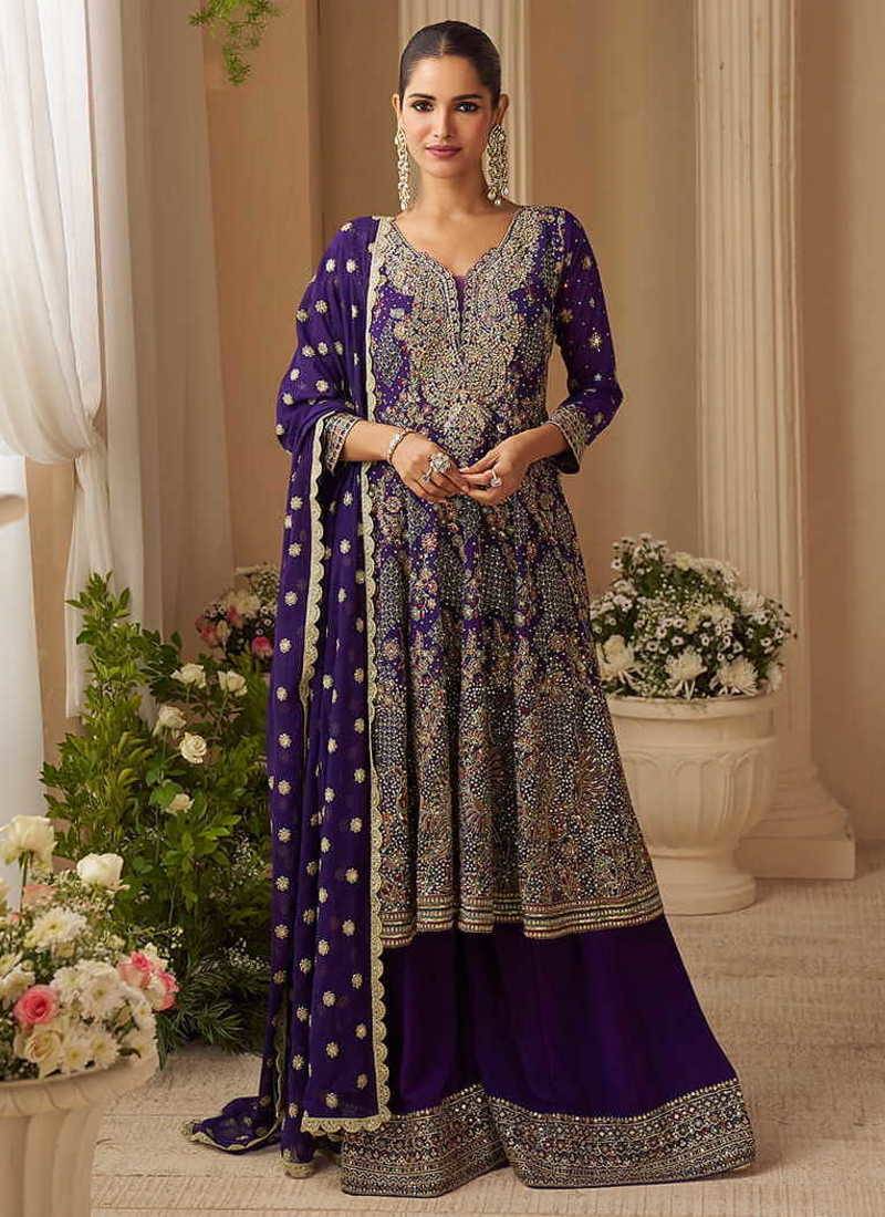Purple georgette embroidered palazzo suit semi stitched up to 42" size