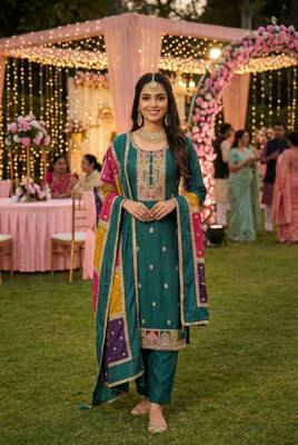 parrot green embroidered designer kurta set 1