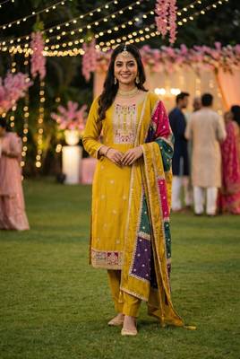 yellow embroidered festive kurta set with dupatta 1