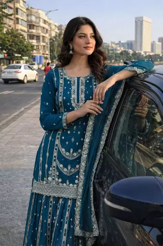 Teal blue embroidered suit