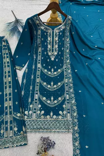 Teal blue embroidered suit