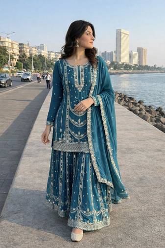 Teal blue embroidered suit