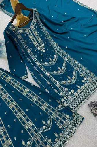 Teal blue embroidered suit