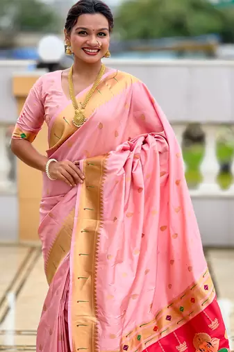 Soft paithani silk saree with zari weawing motifs design and meenakari weawing rich pallu