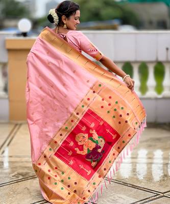 Soft paithani silk saree with zari weawing motifs design and meenakari weawing rich pallu 3