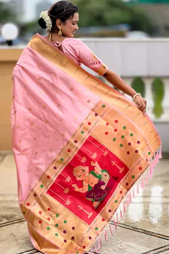 Soft paithani silk saree with zari weawing motifs design and meenakari weawing rich pallu