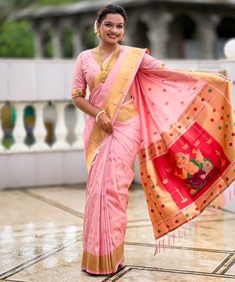 Soft paithani silk saree with zari weawing motifs design and meenakari weawing rich pallu 4