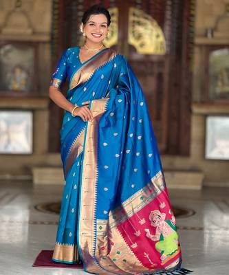 Soft paithani silk saree with zari weawing motifs design and meenakari weawing rich pallu 1