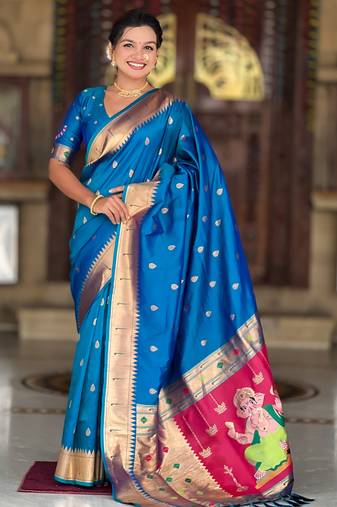 Soft paithani silk saree with zari weawing motifs design and meenakari weawing rich pallu
