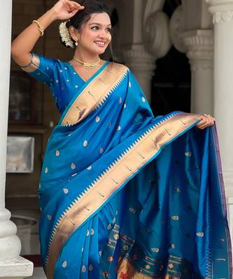 Soft paithani silk saree with zari weawing motifs design and meenakari weawing rich pallu 3