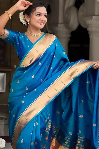 Soft paithani silk saree with zari weawing motifs design and meenakari weawing rich pallu