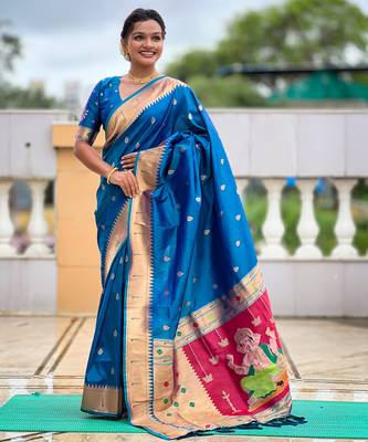Soft paithani silk saree with zari weawing motifs design and meenakari weawing rich pallu 4