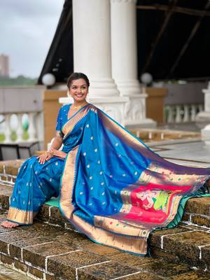 Soft paithani silk saree with zari weawing motifs design and meenakari weawing rich pallu 5