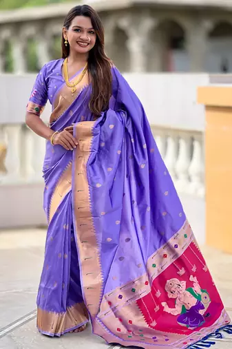 Soft paithani silk saree with zari weawing motifs design and meenakari weawing rich pallu