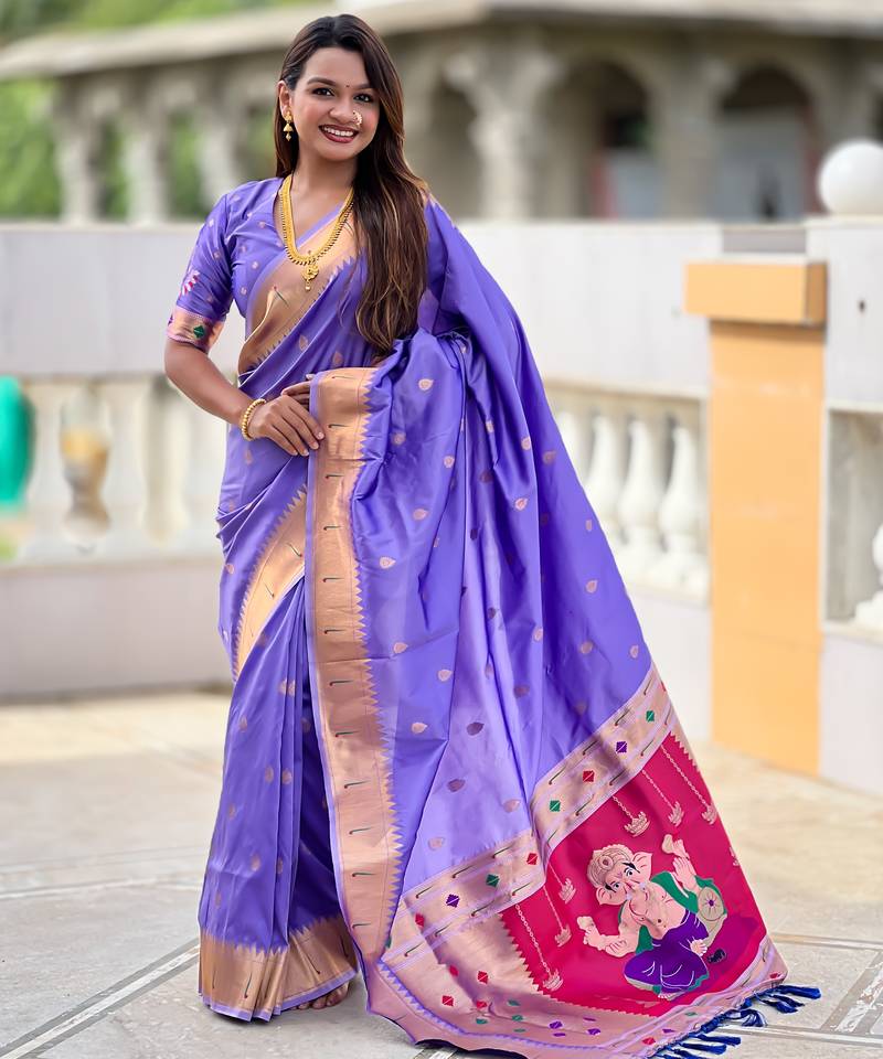 Soft paithani silk saree with zari weawing motifs design and meenakari weawing rich pallu